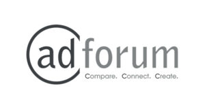 Black and grey logo that says Ad Forum. Compare. Connect. Create