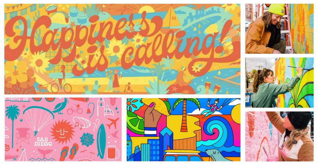 Collage of murals and people painting