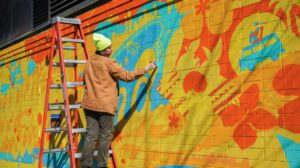 Channin Fulton painting a mural in New York City