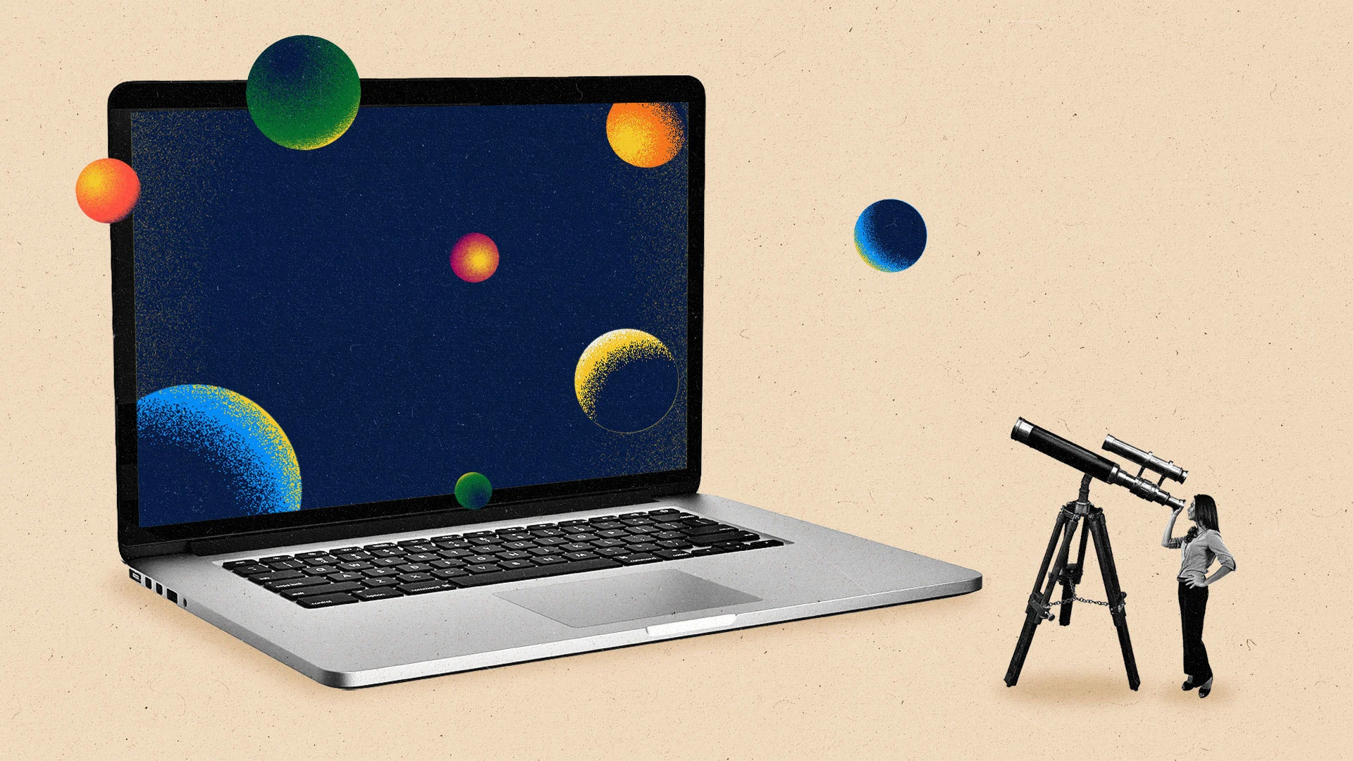 Graphic of a lap top with planets and a man looking through a telescope.