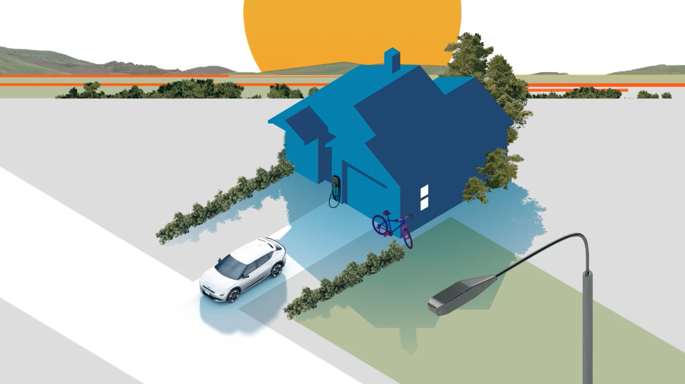 A screen from the Veloz campaign by The Shipyard showing an electric vehicle leaving a house