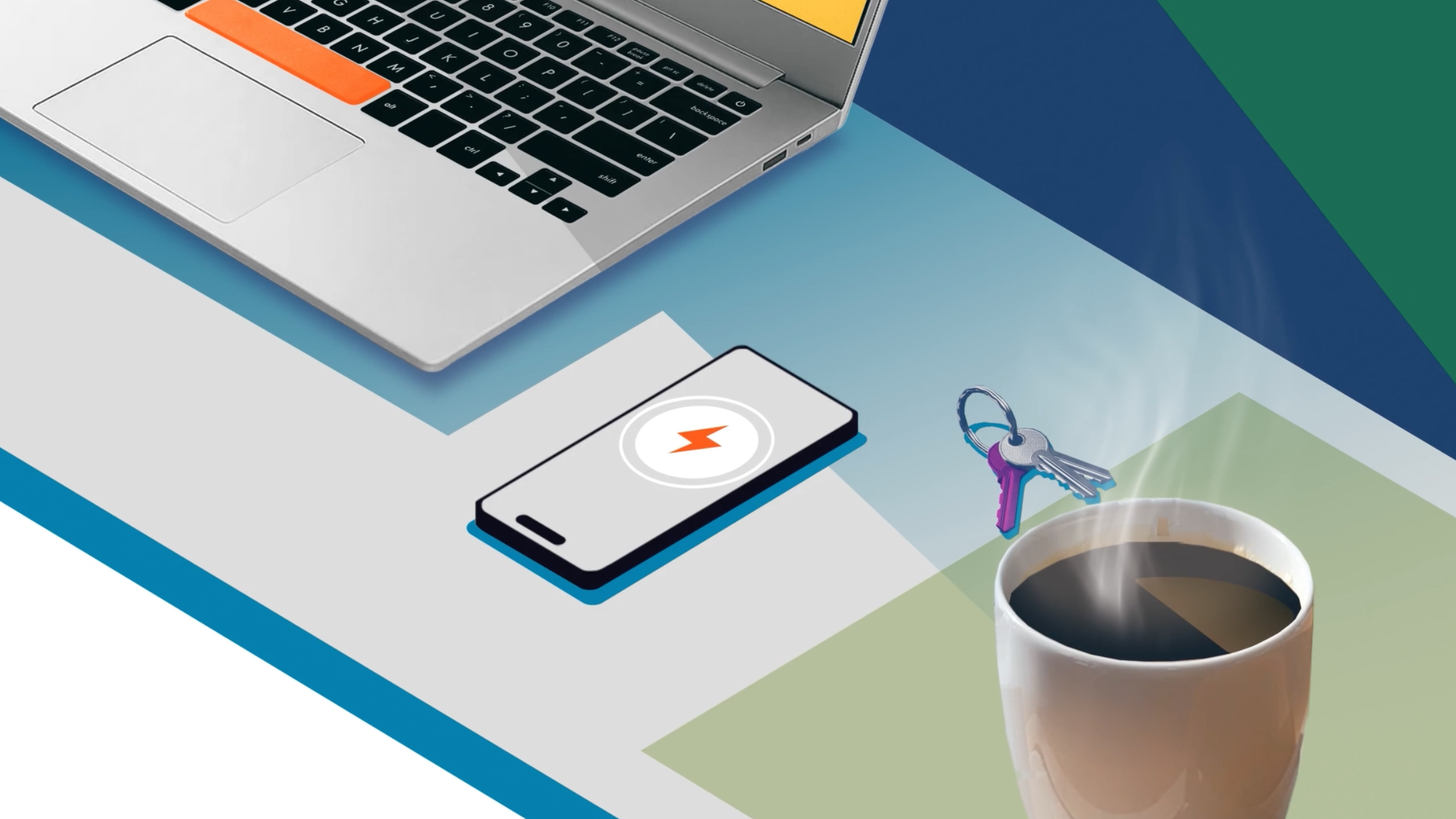 A phone with a charging icon sits on a desk next to a laptop, a pair of keys and a coffee mug