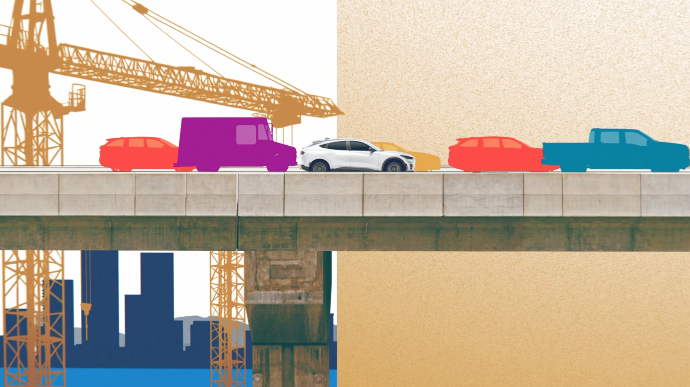 A detailed vehicle drives along a road with silhouettes of other vehicles in bright pops of color