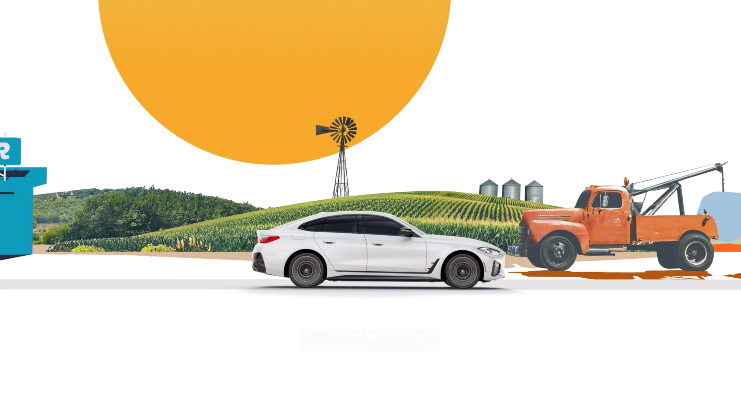 A screen from the Veloz campaign by the Shipyard shows an electric vehicle driving past a field growing crops and a tow truck.