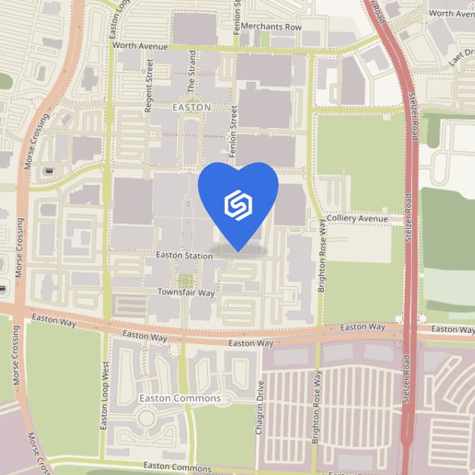 Map of Columbus, Ohio, showing the location of the Shipyard's office in the form of a heart-shaped map marker