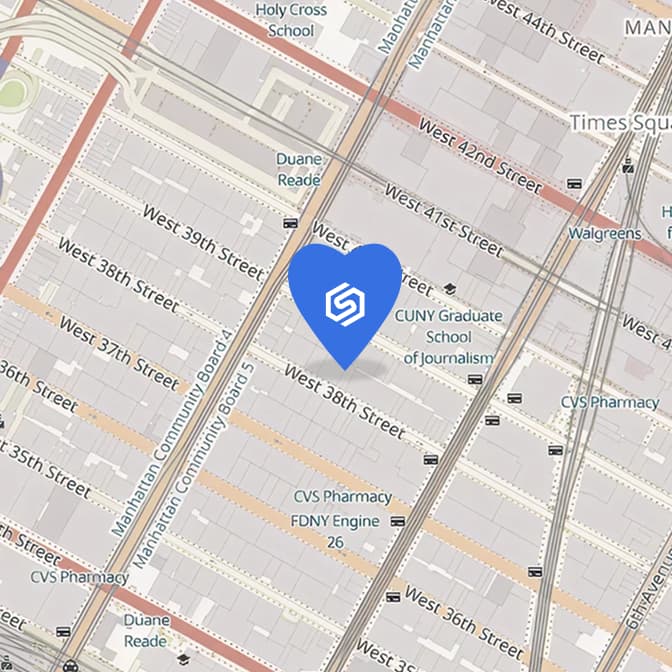 Map of New York City, New York, showing the location of the Shipyard's office in the form of a heart-shaped map marker