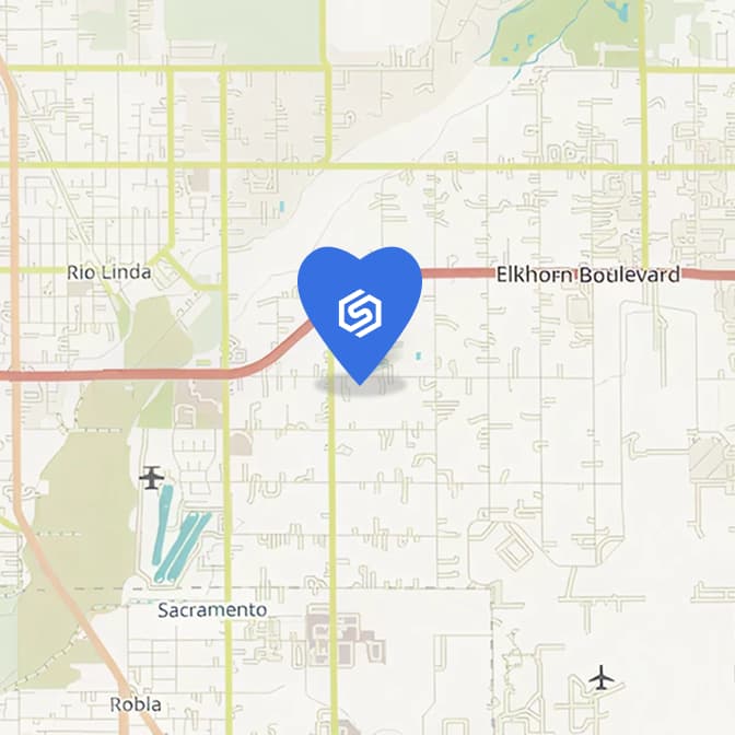 Map of Sacramento, California, showing the location of the Shipyard's office in the form of a heart-shaped map marker