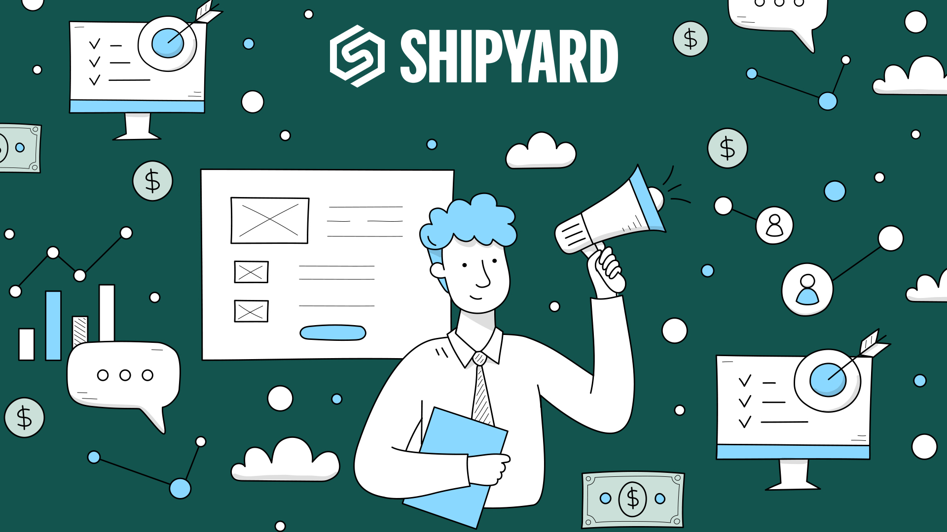 Illustrated graphic of a marketer with a megaphone surrounded by digital advertising icons including charts, chat bubbles, and dollar signs