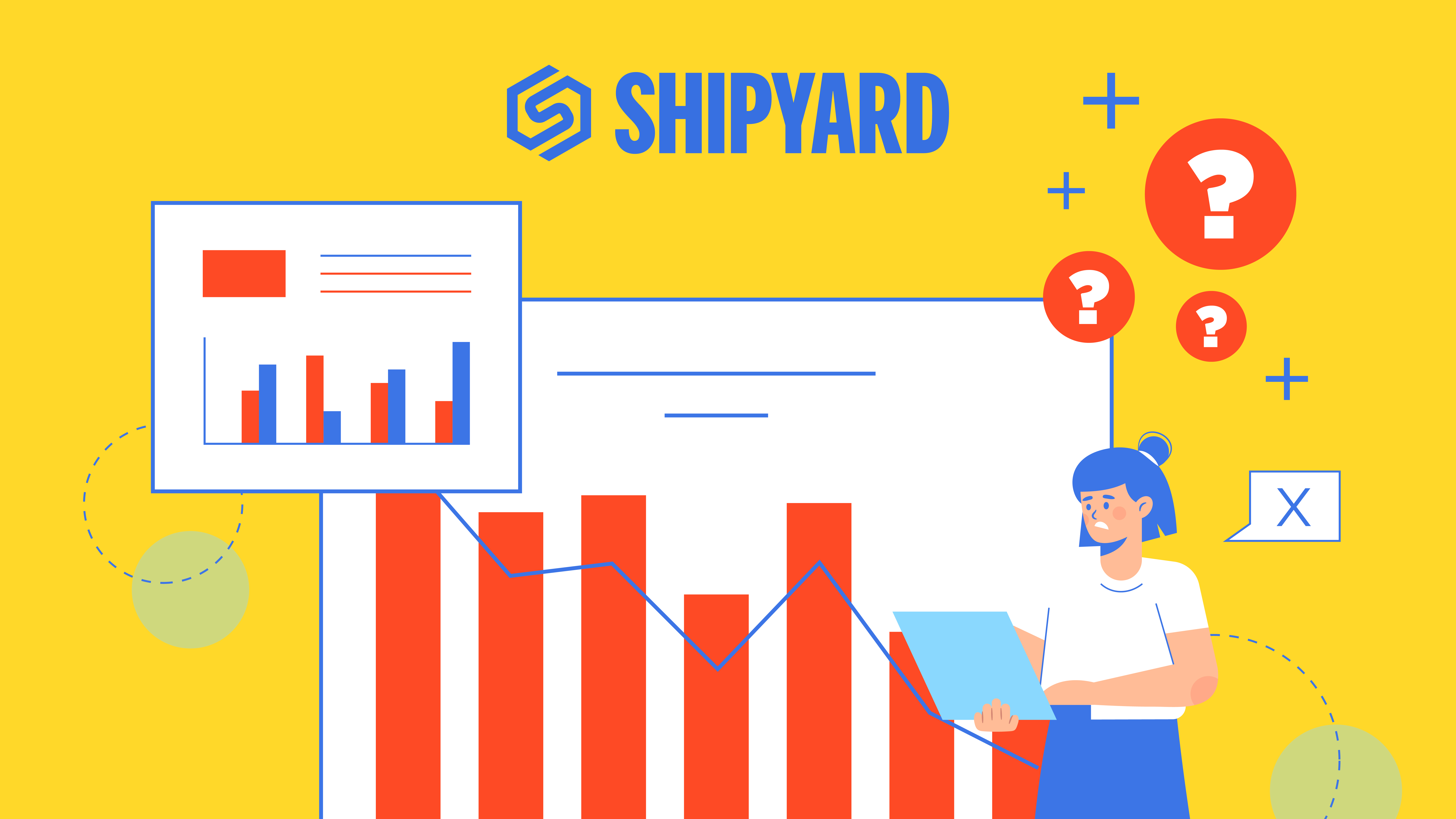 Illustrated graphic of a concerned looking marketer surrounded by bar charts and question marks