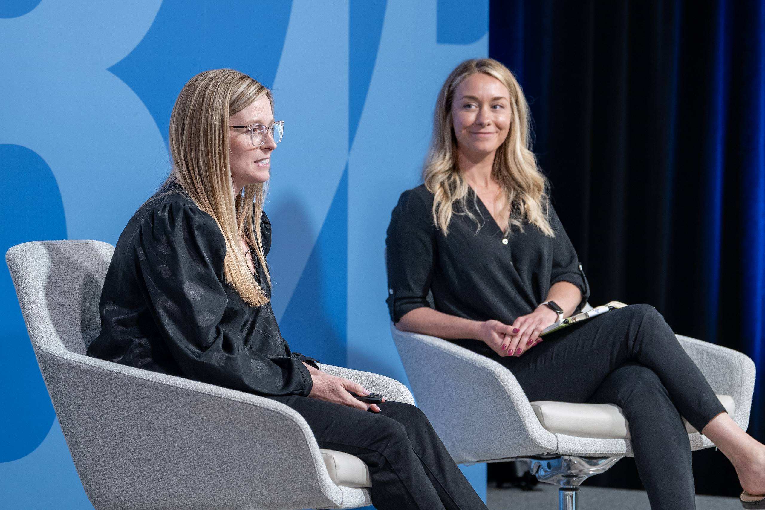Katie Seiler and Kaylyn Bredon talking on stage at The Shipyard B2B Summit