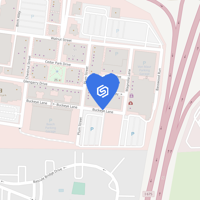 Map of Beavercreek, Ohio, showing the location of the Shipyard's office in the form of a heart-shaped map marker